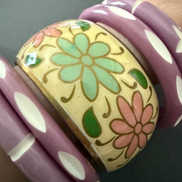 NWT Fantasia India Floral Yellow Purple Bangles Hand Painted Carved Set of 5 - Picture 4 of 10